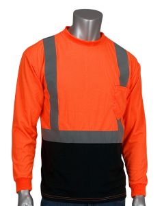 PIP 312-1350B Hi-Vis Orange ANSI Type R Class 2 Long Sleeve T-Shirt with 50+ UPF Sun Protection and Black Bottom Front 