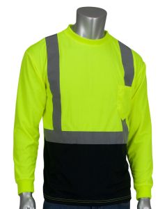 PIP 312-1350B Hi-Vis Lime ANSI Type R Class 2 Long Sleeve T-Shirt with 50+ UPF Sun Protection and Black Bottom Front 