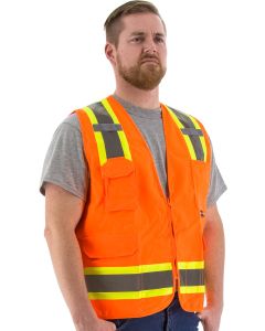 Majestic 75-3222 High Visibility Solid Surveyors Vest with Two-Tone DOT Striping, ANSI 2, R Hi-vis Orange