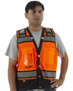 Majestic 75-3238 High Visibility Orange Heavy Duty Surveyors Vest with Contrasting Stripes, ANSI 2, R
