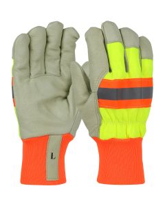 PIP HVY1555 Thinsulate Lined Pigskin Leather Glove Hi-Vis Yellow Nylon Back Knit Wrist
